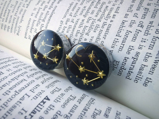 The photo shows our constellation plugs on a book backdrop, the stainless steel plugs feature a black centre where hand arranged gold stars and moons have been made up to create the shapes of constellations.