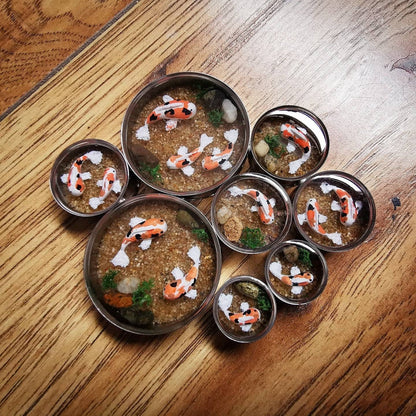 Photo shows our koi fish plugs on a wood backdrop, each plug contains numerous handmade/painted koifish swimming on a sandy top around small rocks and moss inclusions inside a stainless steel plug.