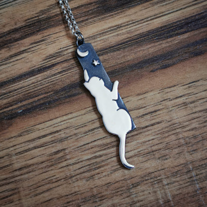 Cat-shaped pendant on a chain against a wooden background