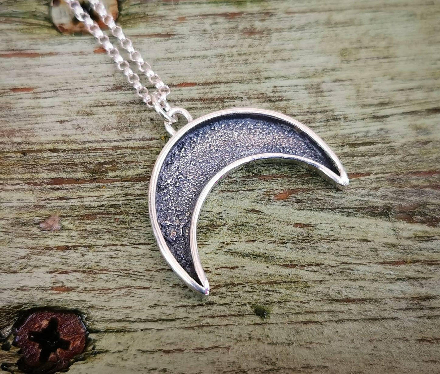 Handmade sterling silver textured crescent moon pendant