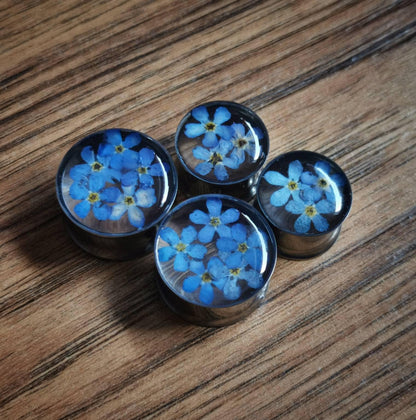 Four round plug earrings with blue flowers embedded on a wooden surface