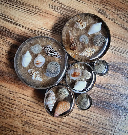 Decorative plug earrings with seashells and stones on a wooden surface