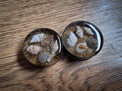 Two round decorative plug earrings with seashells and sand on a wooden surface