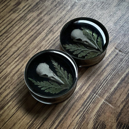 Two black plug earrings with skull and leaf design on a wooden surface