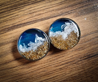 Ocean plug earrings on a wooden backdrop