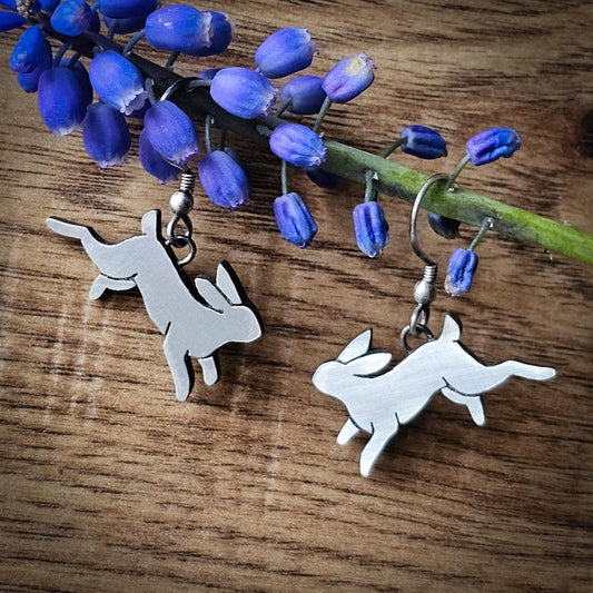 Silver spring easter rabbit hare earrings, handmade layered oxidised silver.
