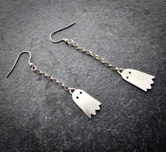Halloween ghost dangle earrings, sterling silver.