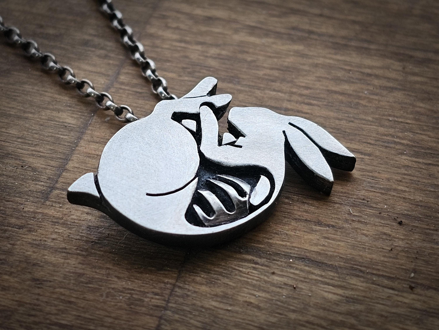 Sterling silver skeletal rabbit/hare. Oxidised with a frosted finish, choice of chains